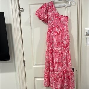 J.Marie Pink and white One-Shoulder Dress with Leaf Pattern